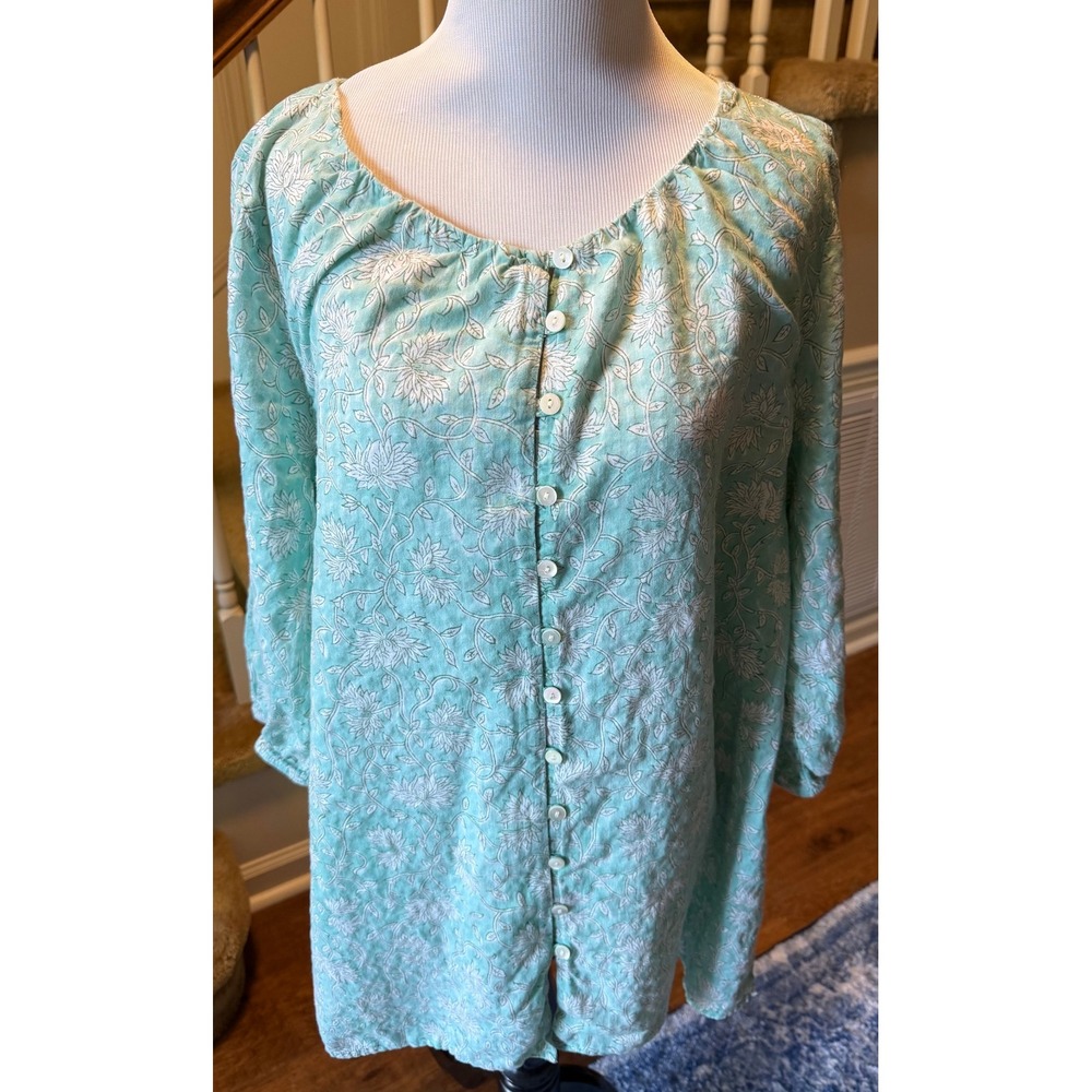 Pure Jill J. Jill Mint Green Floral Button Front Tunic Top Size L 3/4 Sleeve
